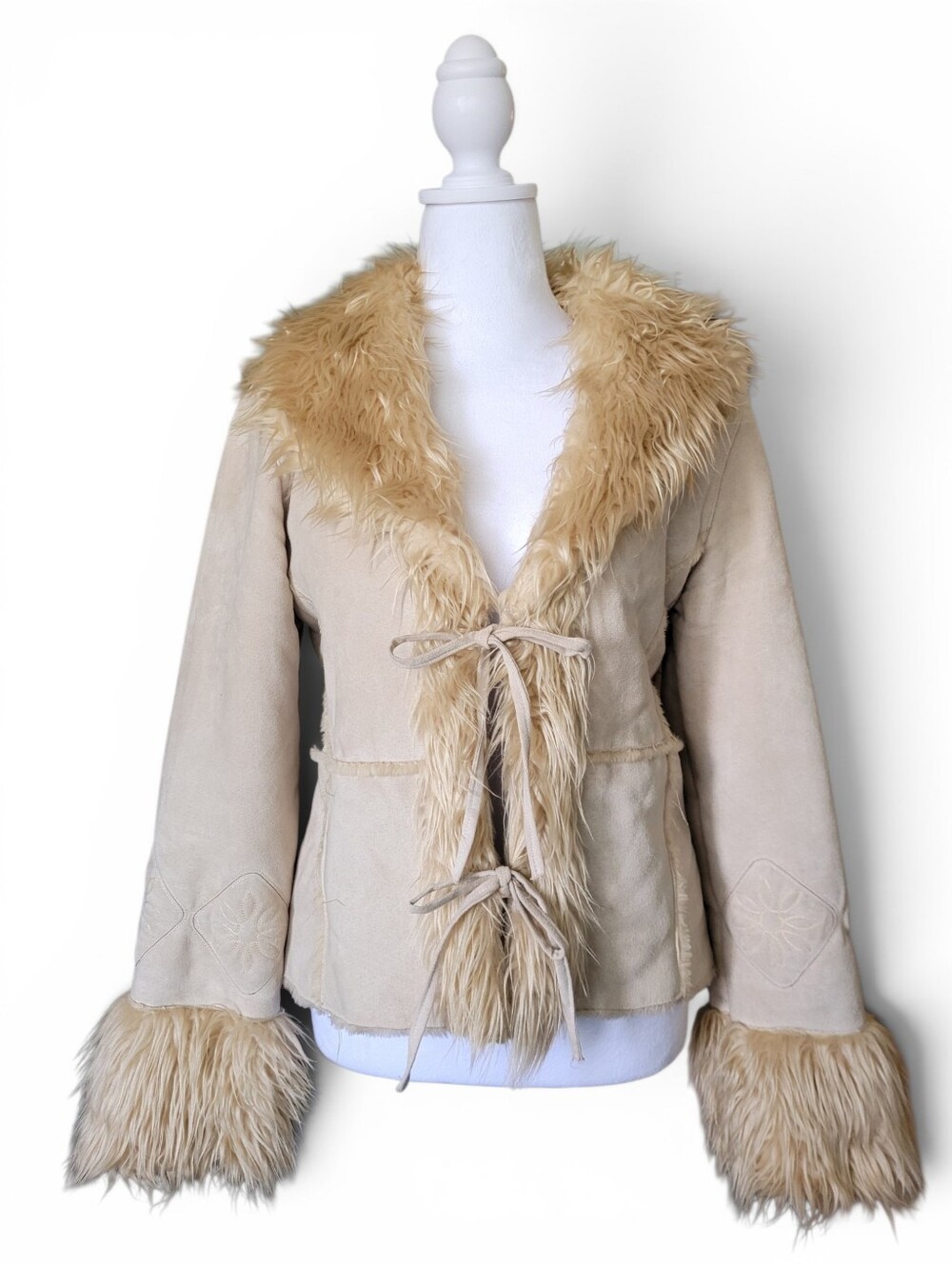 Vintage Penny Lane Faux Suede Jacket With Afghan Faux Fur Trim Beige Large